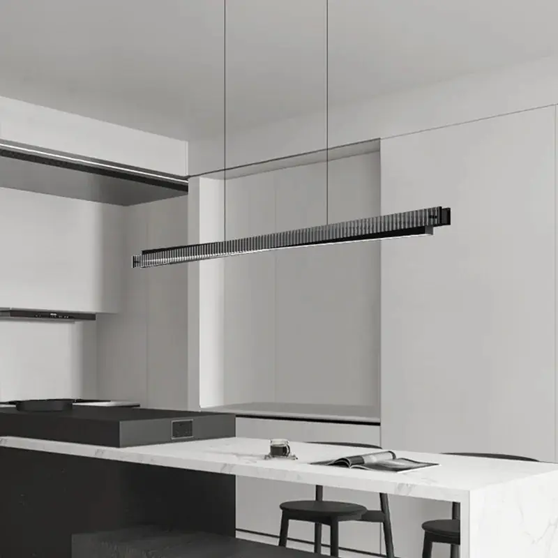 Designer chandelier in aluminum and glass, in the shape of a bar