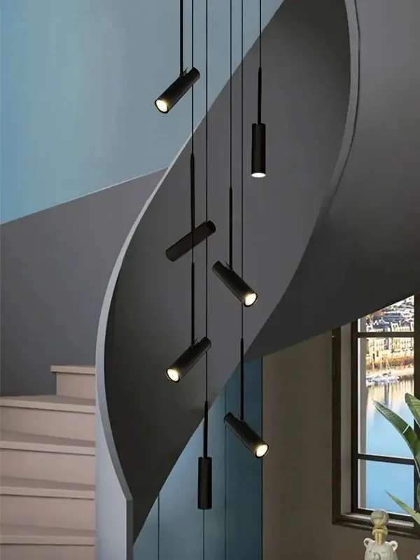Cylindrical LED spot modern design pendant light Restaurant lighting black white minimalist staircase Long chandelier