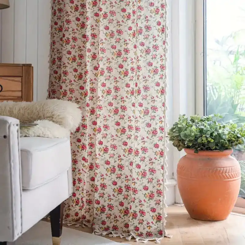 Bohemian Floral Pattern Curtain with Fringes - 1 Panel