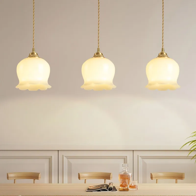 Vintage one-light brass and glass petal-shaped pendant lamp