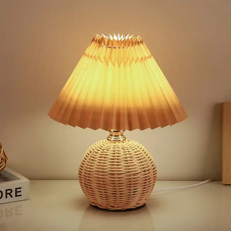 Nordic Rattan Conical Table Lamp with Pleated Fabric, 1-Light LED