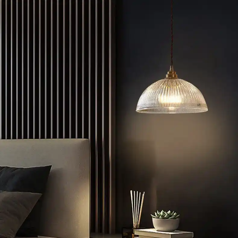 Modern Clear Ribbed Glass Dome Single Light Pendant