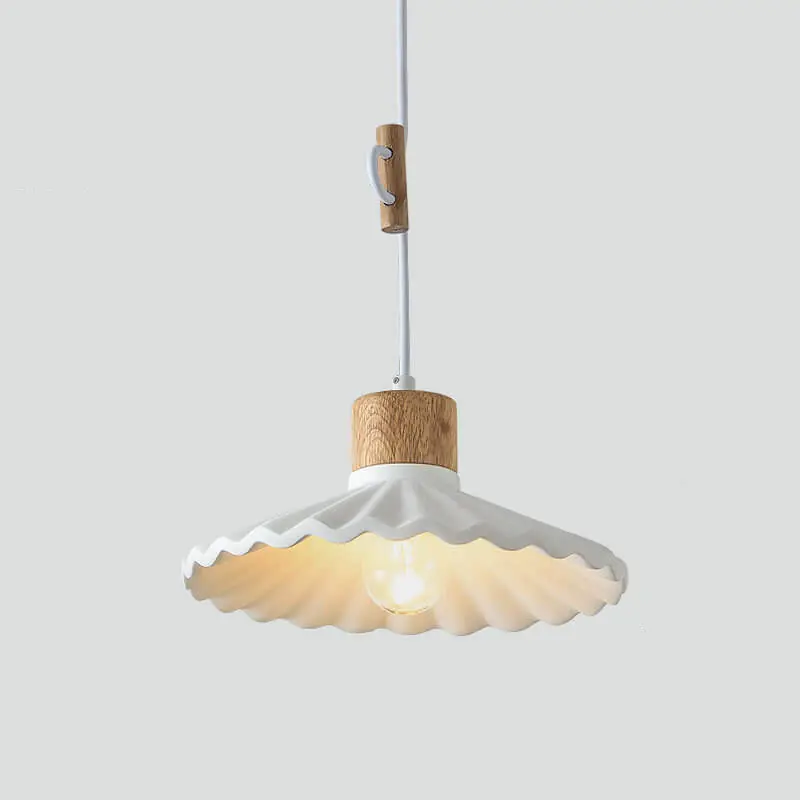 Modern scalloped wood and cement pendant light, one light
