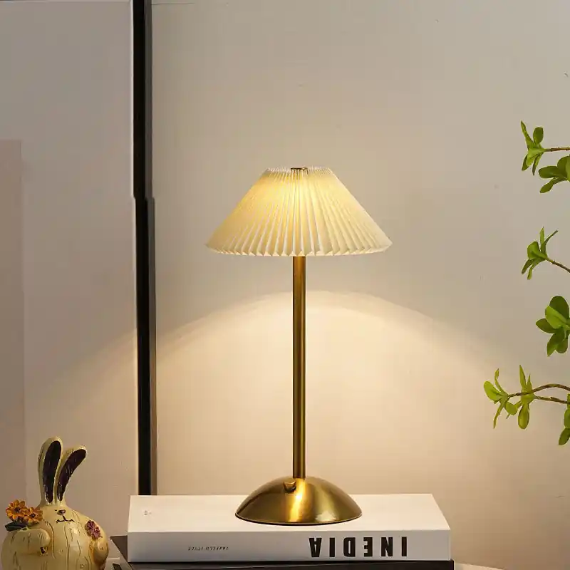 Scandinavian Brass Table Lamp with Pleated Conical Shade