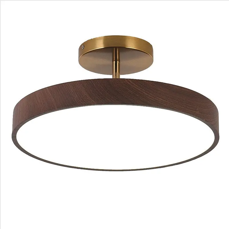 Round Japanese Wooden Semi Flush Mount Ceiling Light with LED