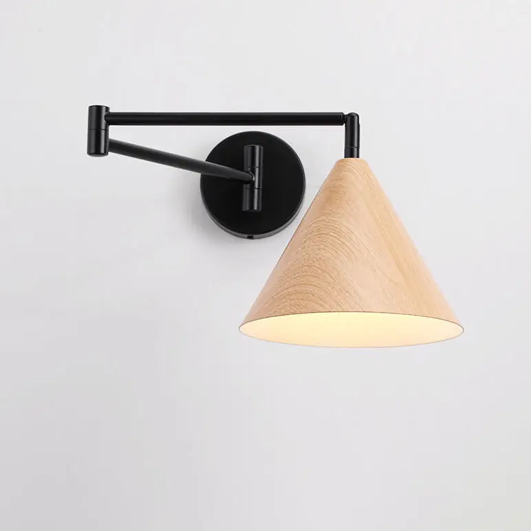 Nordic swivel arm wall light with conical wooden shade