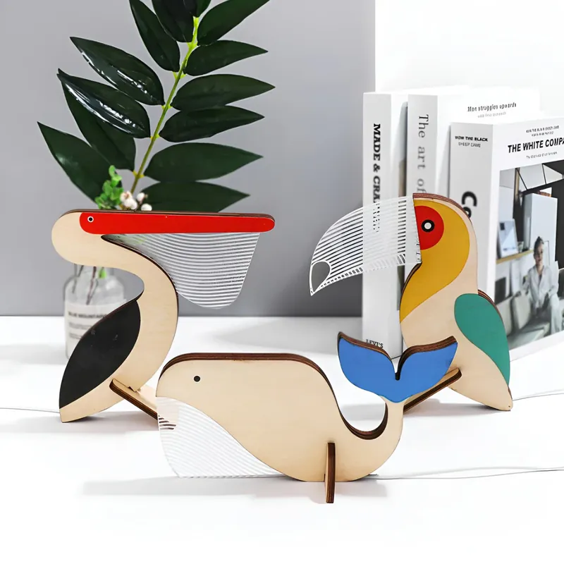 Wooden LED Table Lamp with Nordic Animal Motif, 1-Light