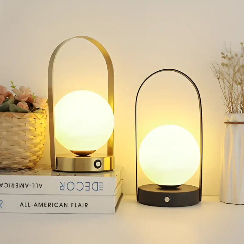 Rechargeable LED metal and glass globe table lamp