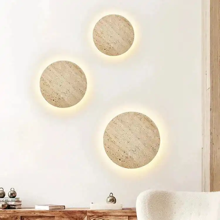 Minimalist round LED travertine wall light 1-light