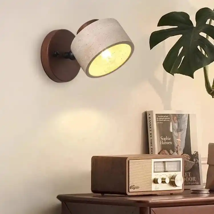 Minimalist Cylindrical Wall Sconce in Wood and Travertine LED