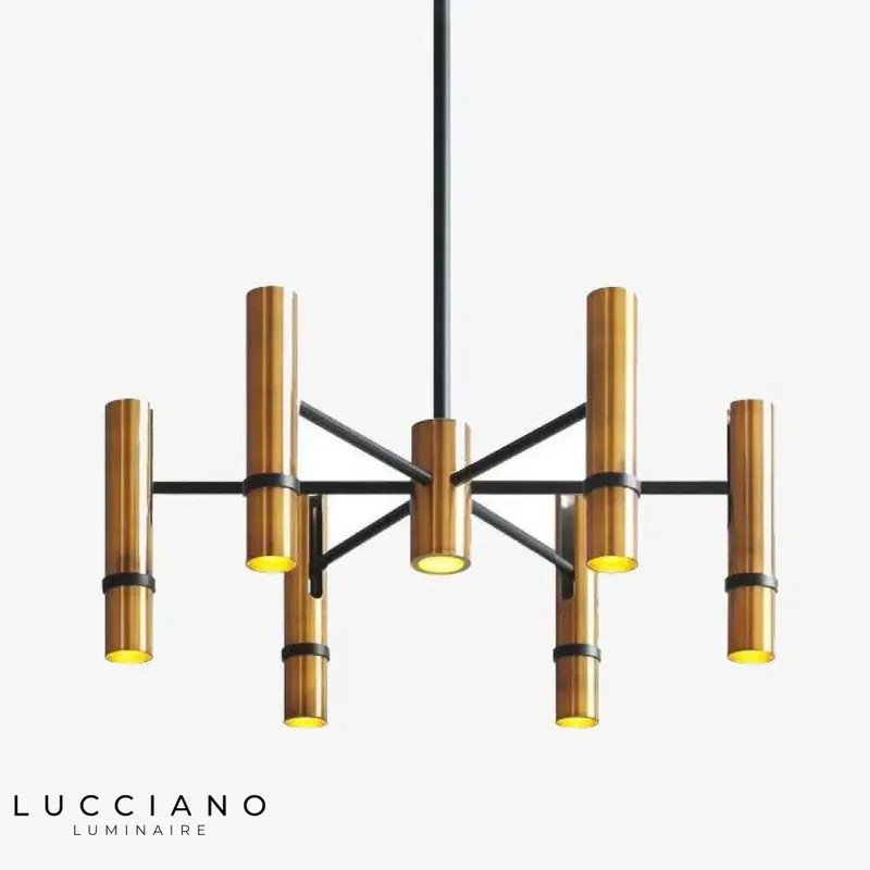 Modern suspension lamp with gold tubes.