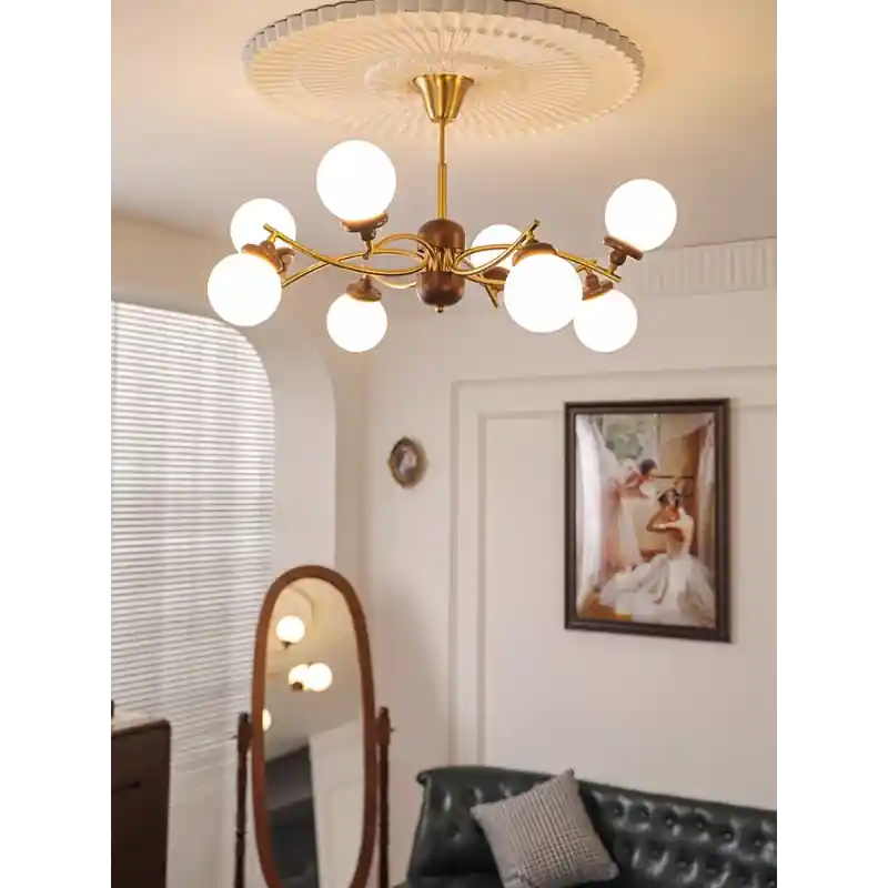 Vintage industrial wood and glass chandelier