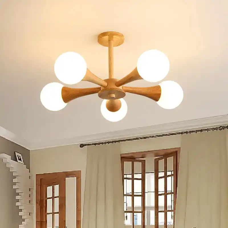 Modern Nordic wood and glass chandelier
