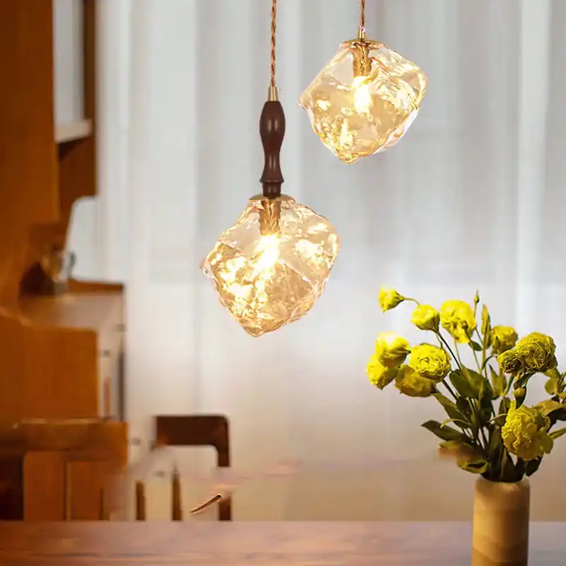 Amber glass hanging chandeliers.