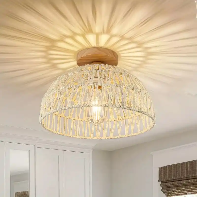 Woven rattan ceiling light, bohemian style