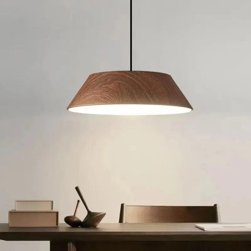 Nordic Simple Walnut Wood Grain LED Chandelier Japanese Dining Room Bar Lamp Wabi Sabi Art Cafe Table Pendant Light