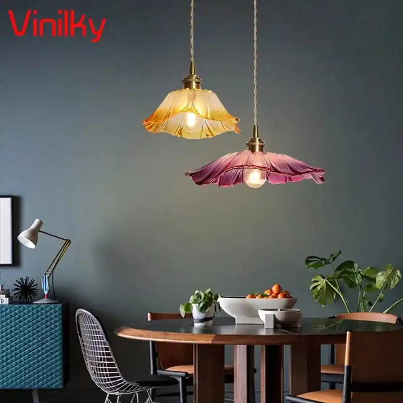 Nordic Minimalist Suspension Japanese Style Brass Glass Restaurant Chandelier Bedroom Bedside Aisle Balcony Bar Flower Lamps