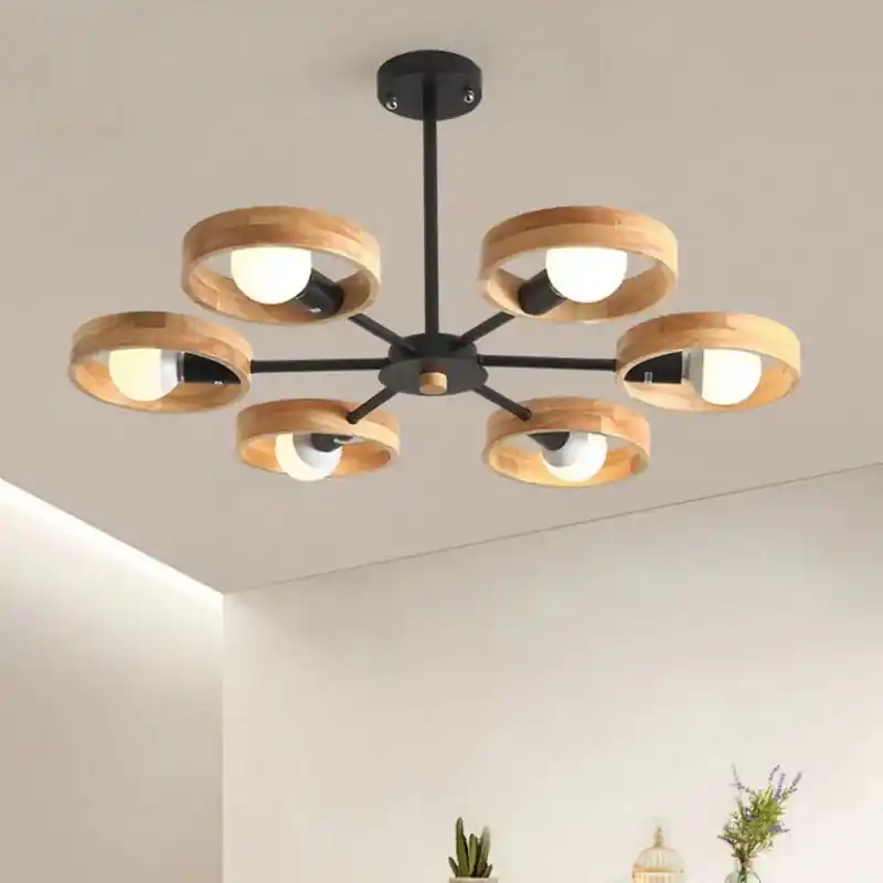 Nordic Wooden Chandelier Lamp for Living Room Bedroom Dining Room Decor Round Black Wood Lampshade E27 Pendant Light