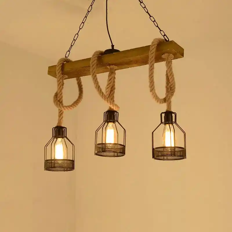Retro Industrial Chandelier with 3 Wood Heads and Hemp Rope