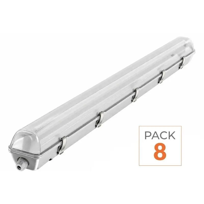 Pack de  8 - Kit de Réglette LED étanche Double IP65 + 2 Tubes T8 120cm 18W