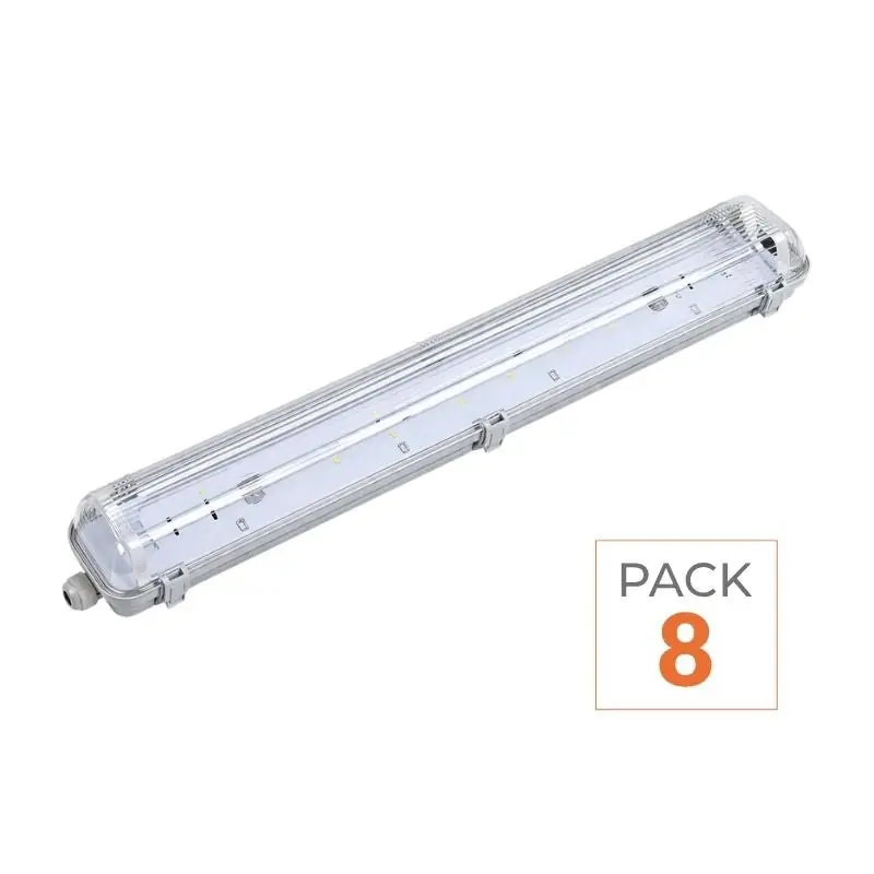 Pack de  8 - Réglette étanche double pour Tube LED T8 120cm IP65 (Boitier vide)