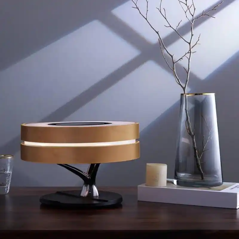 Lampe de Chevet Ronde \\"Horizon\\" avec Enceinte & Chargeur Sans fil - Dimmable Tactile - 3000K\\/4000K\\/6500K