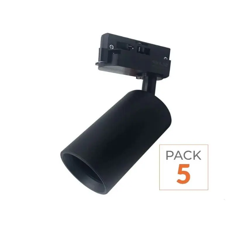 Spot LED sur rail 80° Monophasé NOIR pour ampoule GU10 - Pack de 5