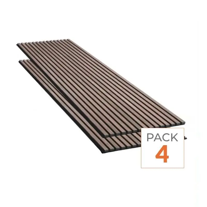 Lot de 4 Panneaux Acoustiques Muraux - Tasseaux Finition Noyer - Fond Noir - 240x60x2,2cm