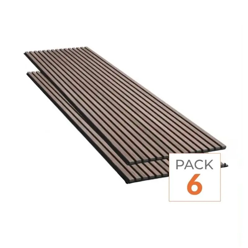 Lot de 6 Panneaux Acoustiques Muraux - Tasseaux Finition Noyer - Fond Noir - 240x60x2,2cm