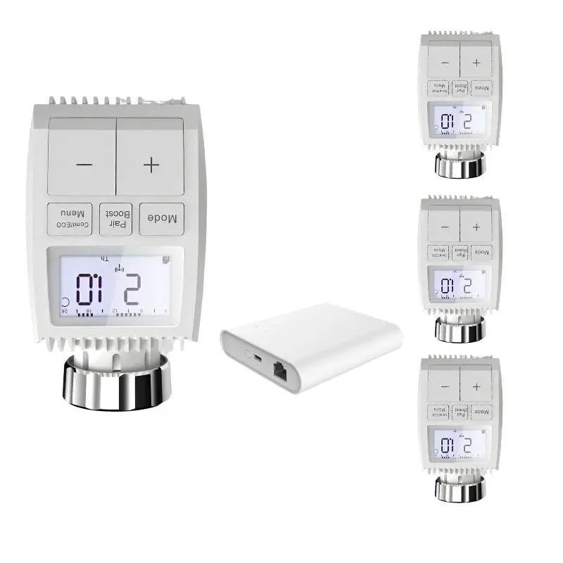 Kit 4 Têtes Thermostatiques Connectées Écran LCD + Passerelle Zigbee Ethernet