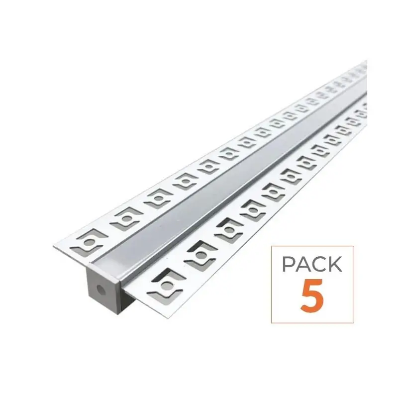 Profilé Aluminium encastré 2m pour Ruban LED Double Couvercle Blanc Opaque - Pack de 5