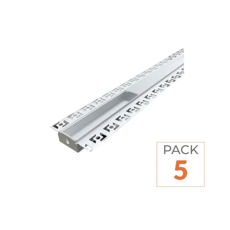 Profilé Aluminium encastré 1m pour Ruban LED Double Couvercle Blanc Opaque - Pack de 5