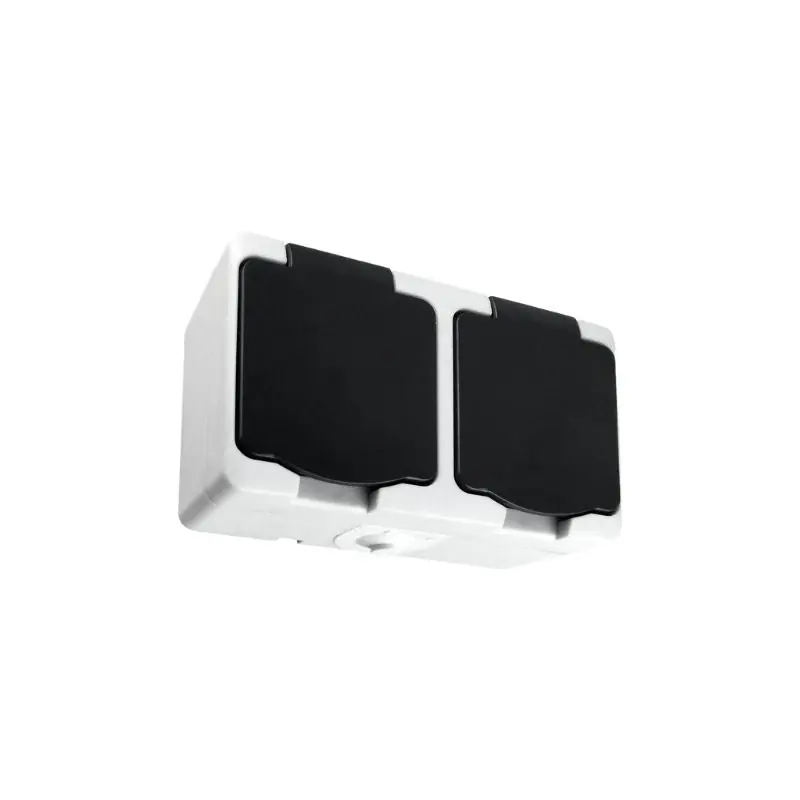 Prise Double Étanche + Clapet Noir IP54 2P+T Saillie