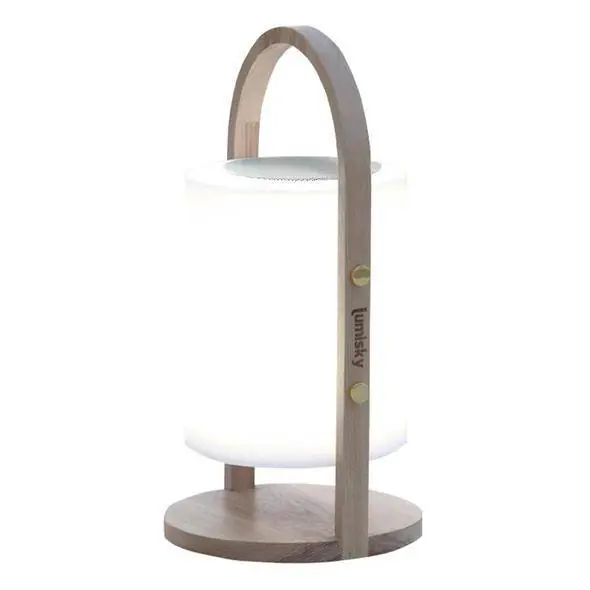 Lanterne sans fil design scandinave poignée bois naturel LED blanc chaud\\/blanc dimmable WOODY  étal