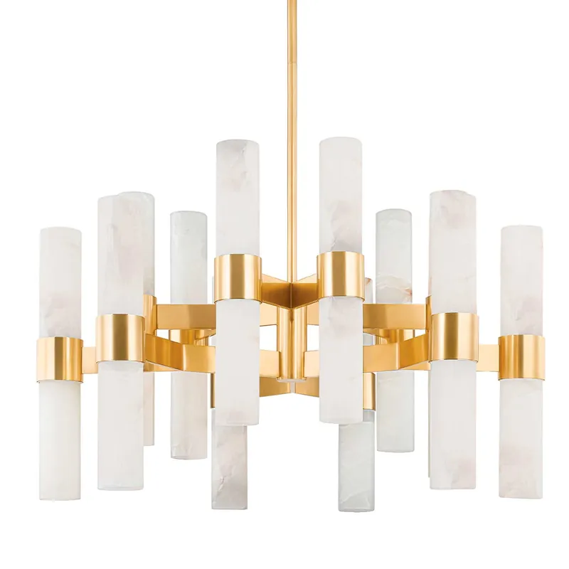 Stowe - Großer moderner goldener Kronleuchter aus Messing und Alabaster für Schlafzimmer