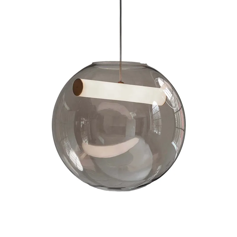 REVEAL - Sospensione sfera di vetro fumé, tubo LED integrato, design italiano