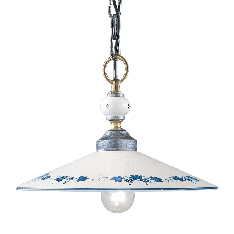 Asti - Lampadario antico in ceramica bianca e fiori blu