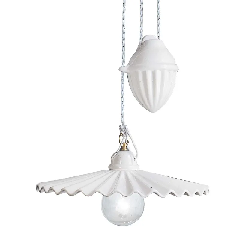 L'Aquila - Lampadario bianco plissettato in ceramica per salotto vintage