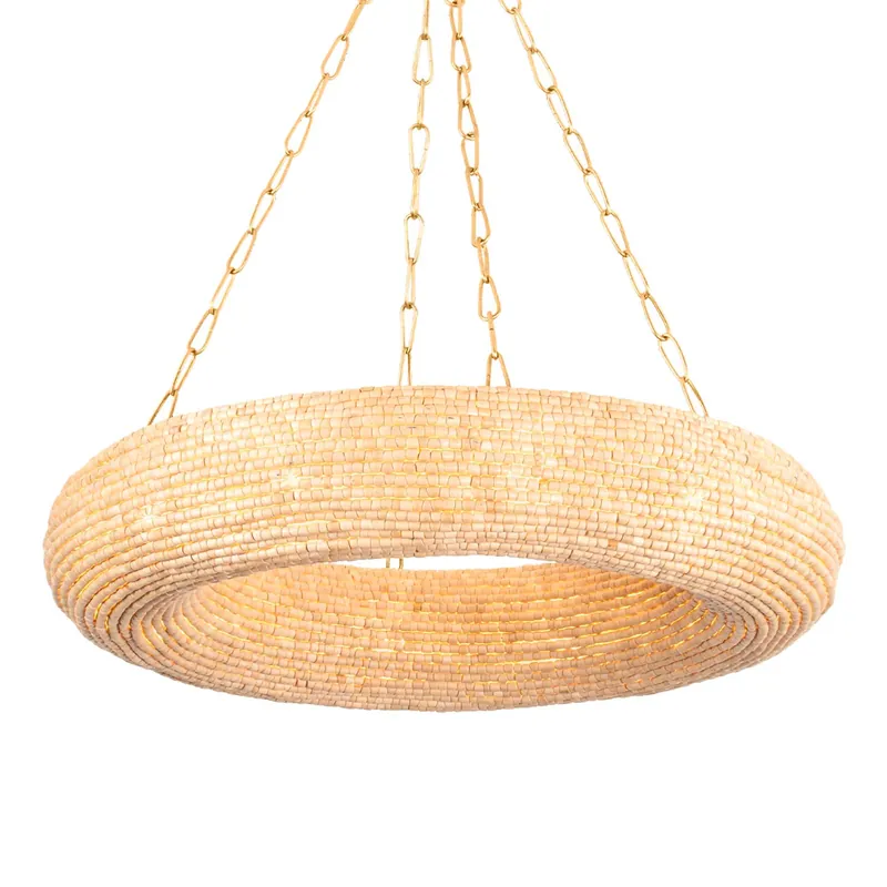 Lure - Lampadario rotondo in legno e catena dorata per camera chic