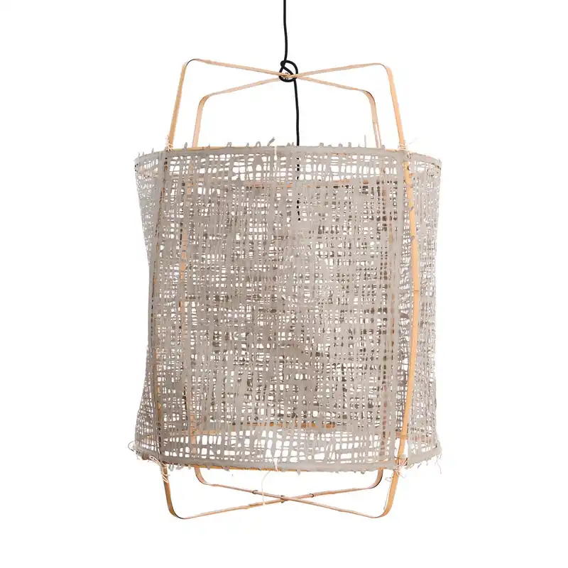 Z2 - Lámpara colgante jaula de bambú claro y tela blanca, beige, gris o negro