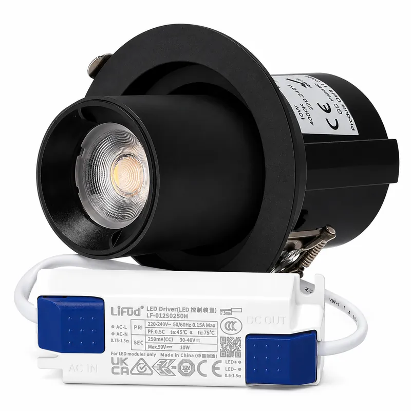 10W LED Justerbar Downlight CRI>90 90lm/W 4000K Lifud Driver 50 000H Naturvit Svart
